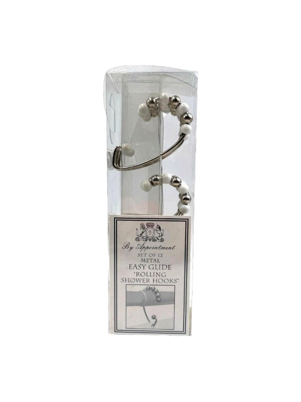 By Appointment Set of 12 Easy Glide Rolling Shower Hooks Silver White Beads NIB